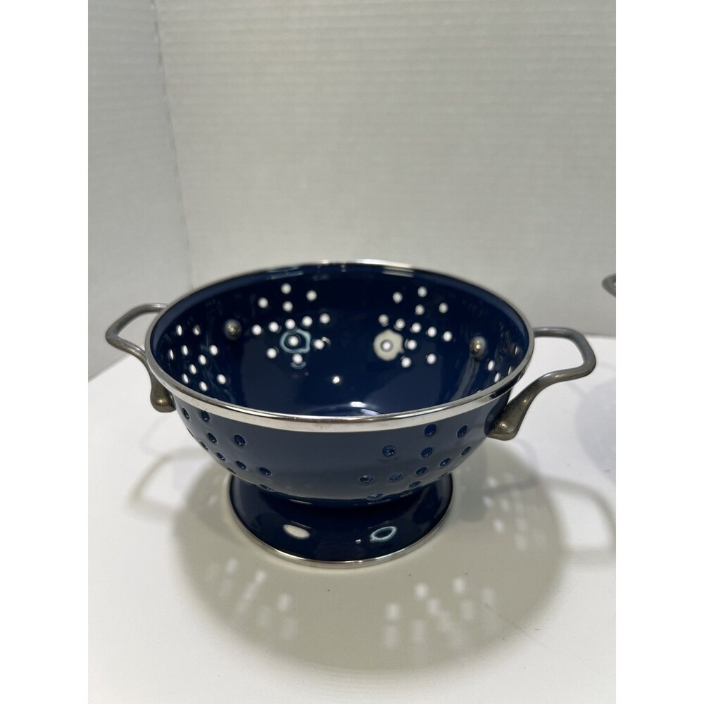 Cobalt Blue Enamel Colander Strainer With Handles Vintage Small 6 3/8”D 3 3/4”T
